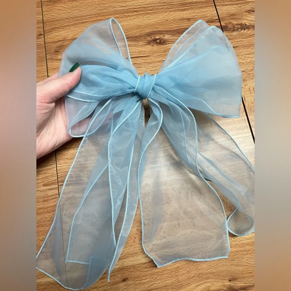 Oversized Blue Tule Bow French Barrette Hair Clip